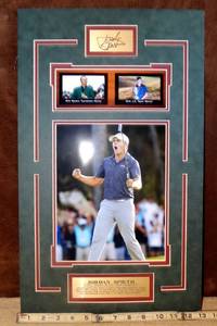 lot 255 image: PGA CHAMPION - JORDAN SPIETH CUSTOM WALL DISPLAY W METAL BIO & FACSIMILE SIGNATURE - READY TO FRAME MEASURES 13 X 22