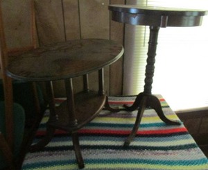 lot 12 image: Mid Century side tables- drum style 17x29 , oval 26x16x18
