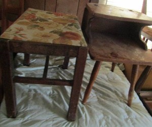 lot 24 image: Stool 18x14x20, basket table top opens 60 plus years old 26x15x22 Biggers furniture cedar