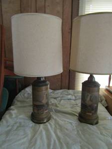 lot 25 image: Two 30 brass table lamps feathered pen paint book design with drum shades