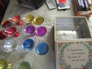 lot 85 image: Vintage glass and aluminum sherbet cups x 8 and 6 multi color coasters