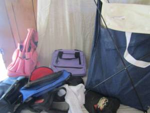 lot 90 image: Portable cat cage, hamper bag on metal frame, and other bags