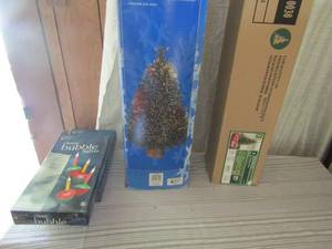 lot 102 image: 3 Windsor Pine Christmas tree NIB, 32 fiber Optic tree used in original box and 2 boxes of classic christmas bubble lights