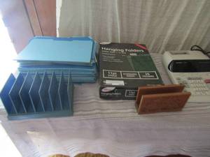 lot 104 image: File folders, hanging folders, mail organizer, Sharpe office calculator