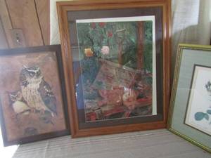 lot 107 image: 22x15 wood Owl wall art by Richard Screech, 21x18 Rose art, and 30x24 floral teddy bear art
