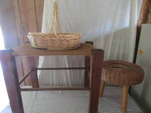 lot 115 image: Wicker plant stand wit hole for a pot 12x12 , wicker basket,  and wicker stool footrest 19x24x16
