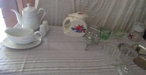 lot 126 image: Crown Empire tea pot gravy boat and S&P shaker. Covered cookie jar  (not in picture) Sugar creamer S&P and coasters