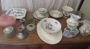 lot 132 image: Misc.- Pink satin glass covered dish, candle holders, Bluebird plate,  Syracuse china teacup, plate and saucer, Pink floral bowl