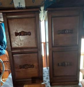 lot 3 image: Vintage solid wood bedside tables with drop leaf 25x12 closed 25x21 open 2 drawers each and bow tie pulls  QTY 2