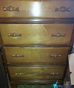 lot 7 image: Solid wood chest 4 drawers Original spool bowtie handles 43x29x17 WITH TWIST WOOD MIRROR