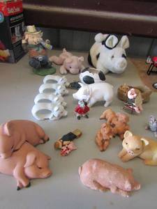 lot 19 image: pig lot- S&P, stuffed, napkin rings etc.