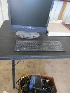 lot 43 image: Envision Computer screen, View sonic 18 TV computer keyboards, Box of electric plugs