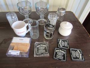 lot 48 image: BBQ beer glasses, Gibson covered sugar bowl, jack Daniel coasters and misc. glasses