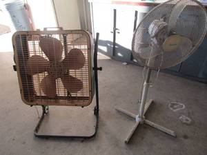 lot 58 image: Small room oscillating fan and box fan built on roller cart