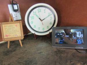 lot 66 image: Friendship easel art, white wall clock, Lacrosse indooroutdoor temp gauge electric