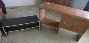 lot 83 image: small 2 tier shelf table 12x31x12 and brown wood shelf 1 open side shelf 2 small doors 25x41x13