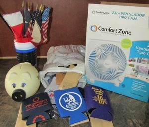 lot 102 image: Cups, mini TX flag, piggy bank, beer cozies, small table fan