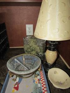 lot 107 image: Marble lamp with shade, blue bed tray, glass block light, candy bowl on gold stand