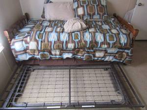 lot 108 image: Twin size double bunk, Twin size trundle bed, footboard and headboard brown