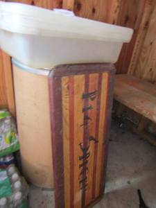 lot 133 image: Wooden pit spice sign, plastic bins with lids and 30 gallon HARD CARDBOARD Drum