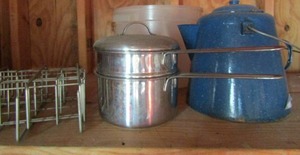 lot 134 image: Blue speckled tea pot, DOUBLE BOILER 1 lid   metal meat rack