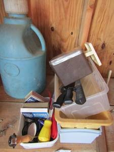 lot 137 image: Large blue jug, meat scale, butcher knives matches and more