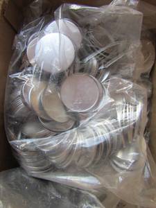 lot 170 image: Box of pin back button blanks in a large gray tub