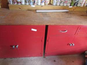 lot 3 image: Red work table with 4 doors and 2 drawers 29x72x24