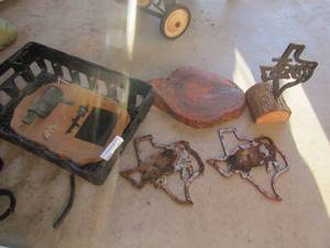 lot 223 image: Wood block, black crate, metal TEXAS signs