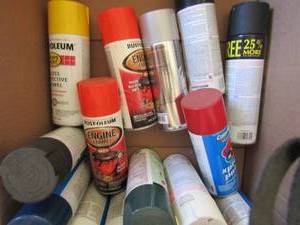lot 212 image: Box of spray paint and 3 used 1gallon satin acrylic coating