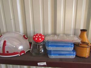 lot 233 image: Fruit bowl with lid yellow lined vase, 2 pencil boxes cookie jar with polka dot top