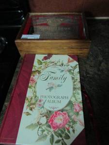 lot 115 image: Porcelain platter new Family photograph album Bud shadow box