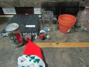 lot 235 image: Black chop block , planter, 2 mason jars ruler pen caddy