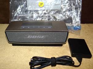 lot 29 image: Bose 413295 SoundLink Mini Portable Bluetooth Speaker Silver wPower Supply $$$