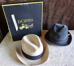 lot 105 image: DOBBS STRAW PANAMA STYLE HAT - SIZE 7 18 & PLUSH GRAY DOBBS HAT - SIZE 7 18 W BOX (X2)