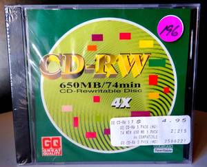 lot 196 image: GQ GREAT QUALITY CD-RW 650MB74 MINUTE 4X CD RE-WRITEABLE DISK (SEALED PKG OF 5 UNITS)