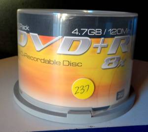 lot 237 image: GQ GREAT QUALITY DVDR  4.7GB1200 MINUTE 8X CD RECORDABLE DISK (SPINDLE OF 50 UNITS) NEW