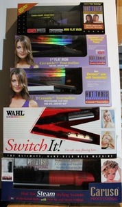 lot 63 image: Hot Tools Flat Irons, Mini Flat Iron, Caruso Steam Machine and Wahl Switch It, 5 Total