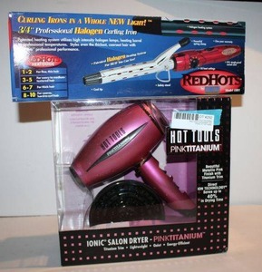 lot 292 image: RedHots Halogen 34 Curling Iron #1801, and Hot Tools Pink Titanium Hair Dryer