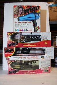 lot 89 image: Wigo Metal Dryer Model WG5102 , Wigo 58 Curling Iron, Ion Hot Air Brush, and 1 Flat Iron with Easy-Glide Rollers