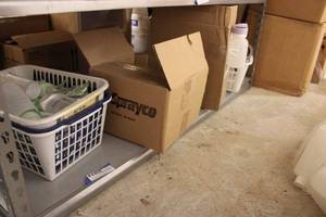 lot 776 image: Contents of Shelf, Plastic Bottles, Funnels and Beakers