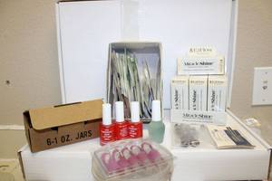 lot 962 image: Miracle Shine Nail Shining System, Arbor Sanding Bands Coarse, EZ Flow White Powder Box of 6, Nail Tips,  Nail Primer and Oil