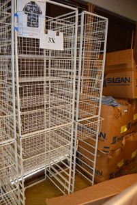 lot 597 image: Elfa Basket Storage Racks, 2 Racks one holds 10 Baskets, Wider one holds 6