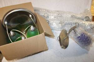 lot 663 image: Lighting Lot Vanity Light (3 Total), Blue Pendant Light (4 Total), and 3-Part Globe Hanging Light