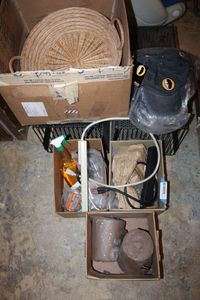 lot 1055 image: Misc. Lot Rolls of Twine, Bag of HeadBlade Hats, Basket and Metal Organizers and More