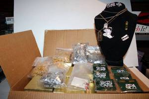 lot 1041 image: Jewelry Lot Fashion Pins, Lips Earrings, Barber Chair and Razor Necklaces PLUS Gift Boxes