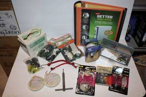 lot 1059 image: Misc. Lot Pen Holder, Light Bulbs, Flexible Binder. Mini Bungee Cords, Brass Plated 3 Pulls, see pictures