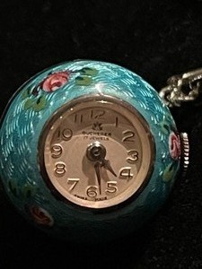 lot 200 image: Antique Bucherer  17 Jewel Swiss  Blue  w Roses Enamel Ball Pendant Watch with Blue w Roses Enamel Chain.