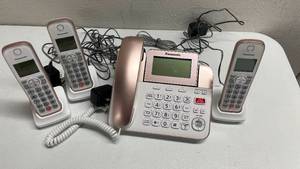 lot 329 image: Panasonic Pink Landline Phone w 3 Wireless Handsets