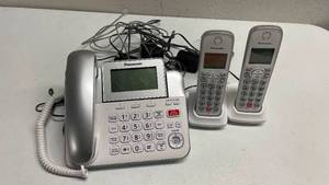 lot 330 image: Panasonic Silver Landline Phone w 2 Wireless Handsets